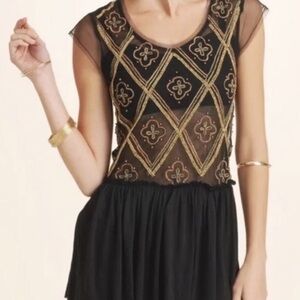 Free people shirt tulle raw pleated hem embroidered top beaded embroidery